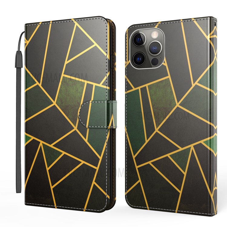 Elegante Shell Mobile In Pelle Da Portafoglio Marmo Per IPhone 12 Pro / 12 Cassa Del Telefono Da 6.1 Pollici Con Supporto - Nero / Figura Irregolare-1