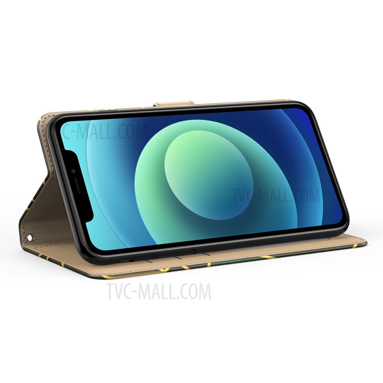 Elegante Shell Mobile In Pelle Da Portafoglio Marmo Per IPhone 12 Pro / 12 Cassa Del Telefono Da 6.1 Pollici Con Supporto - Nero / Figura Irregolare-2