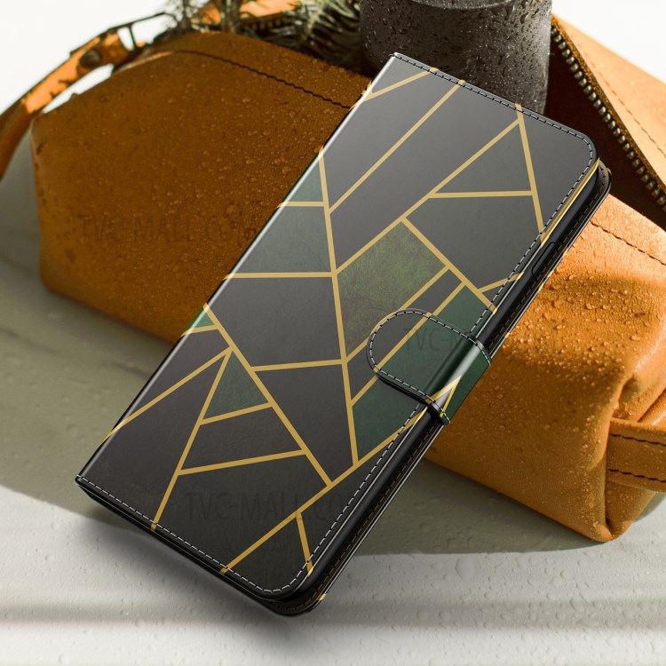 Elegante Shell Mobile In Pelle Da Portafoglio Marmo Per IPhone 12 Pro / 12 Cassa Del Telefono Da 6.1 Pollici Con Supporto - Nero / Figura Irregolare-7