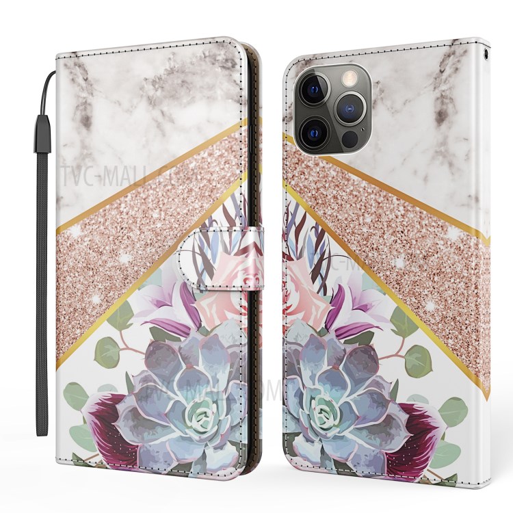 Stylish Marble Pattern Wallet Stand Leather Cover for iPhone 12 Pro Max 6.7 inch Phone Case - White / Flower-1