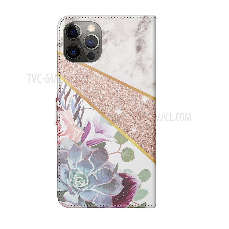 Stylish Marble Pattern Wallet Stand Leather Cover for iPhone 12 Pro Max 6.7 inch Phone Case - White / Flower-5