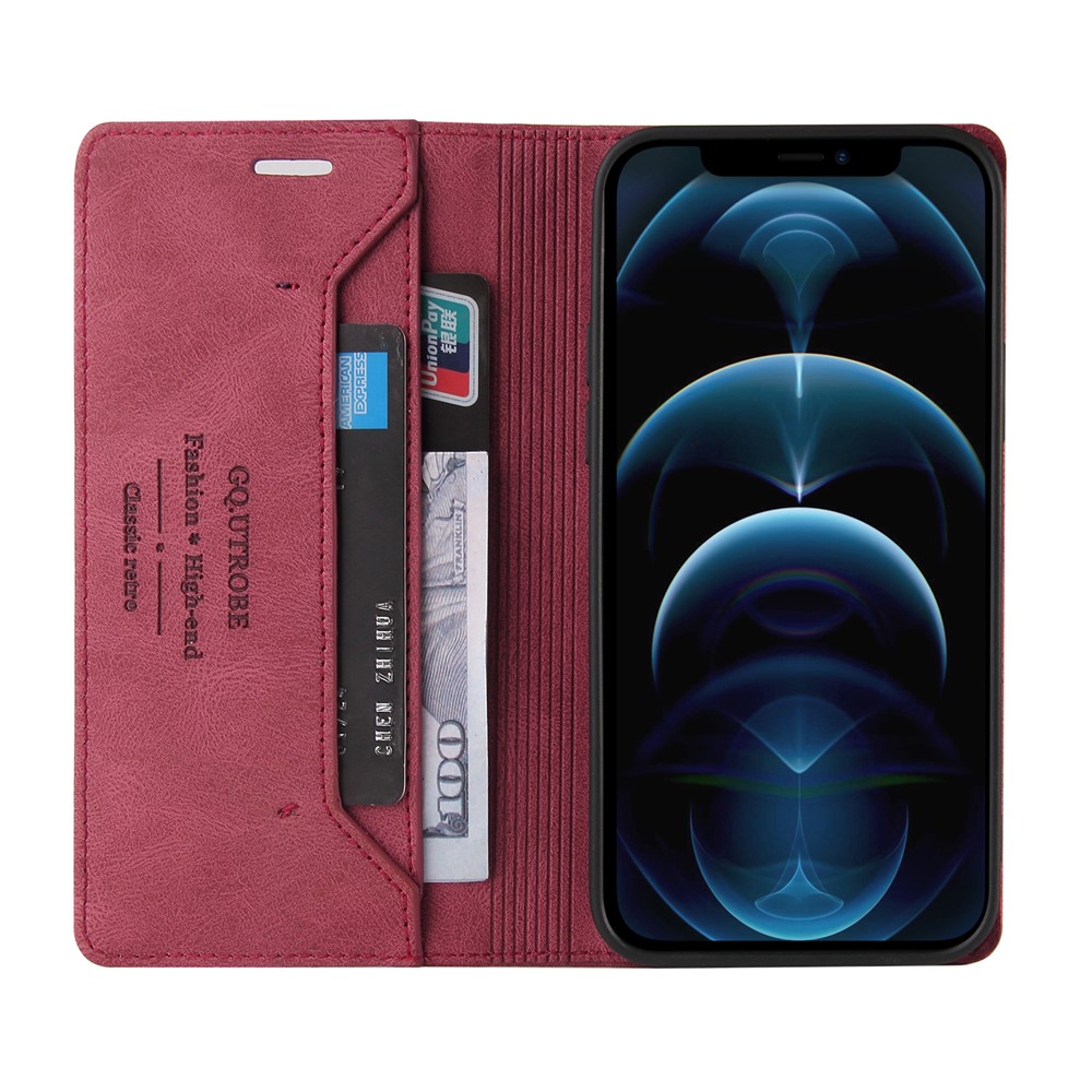 GQ.UTROBE Auto- absorbed Quality Leather Phone Shell Case with Anti-theft Swiping Design for iPhone 12 Pro Max - Red-11