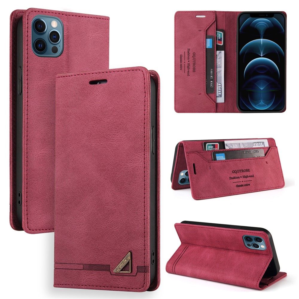 GQ.UTROBE Auto- absorbed Quality Leather Phone Shell Case with Anti-theft Swiping Design for iPhone 12 Pro Max - Red-14