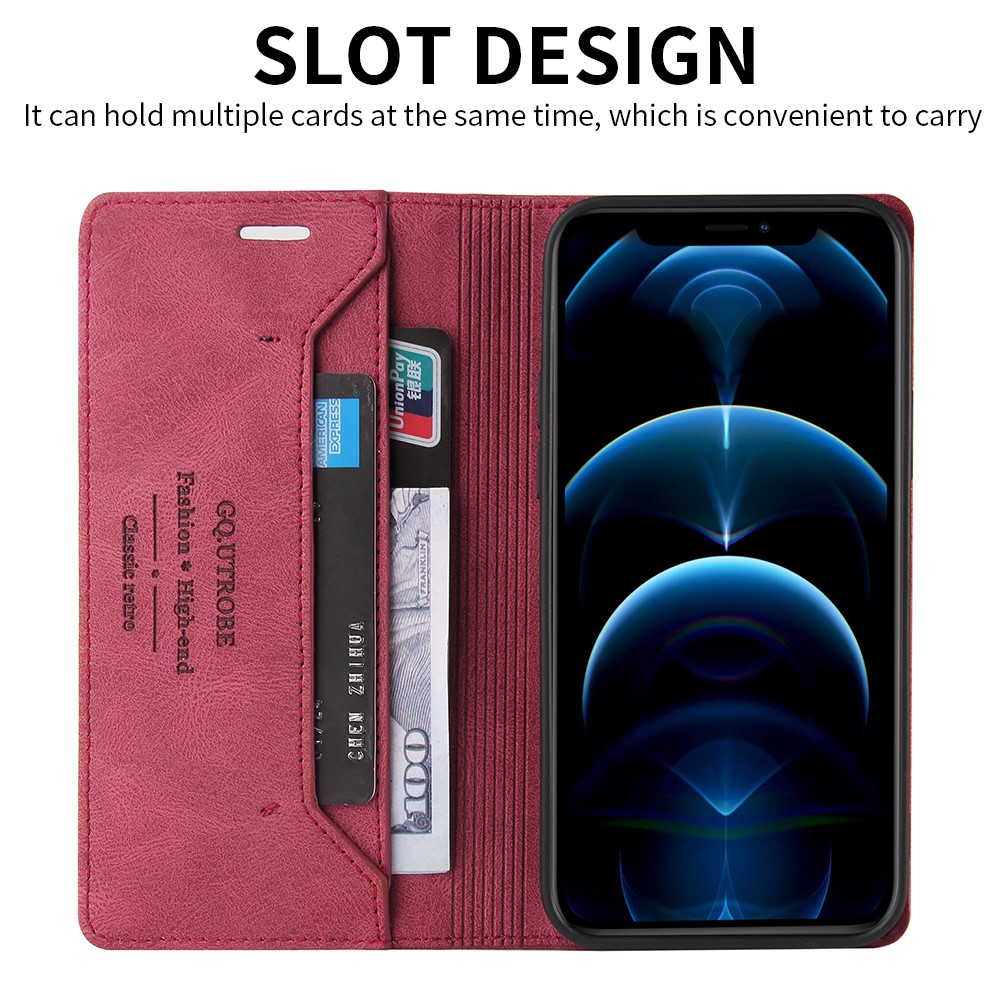 GQ.UTROBE Auto- absorbed Quality Leather Phone Shell Case with Anti-theft Swiping Design for iPhone 12 Pro Max - Red-2