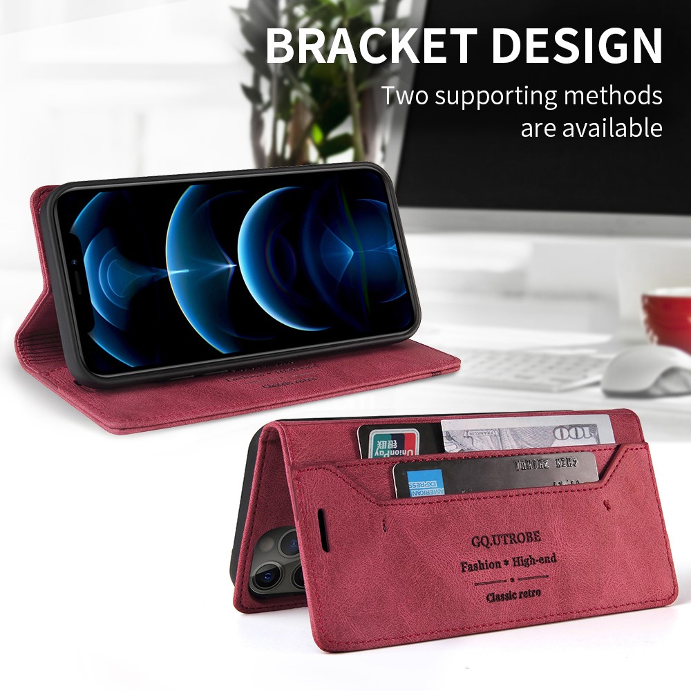 GQ.UTROBE Auto- absorbed Quality Leather Phone Shell Case with Anti-theft Swiping Design for iPhone 12 Pro Max - Red-4