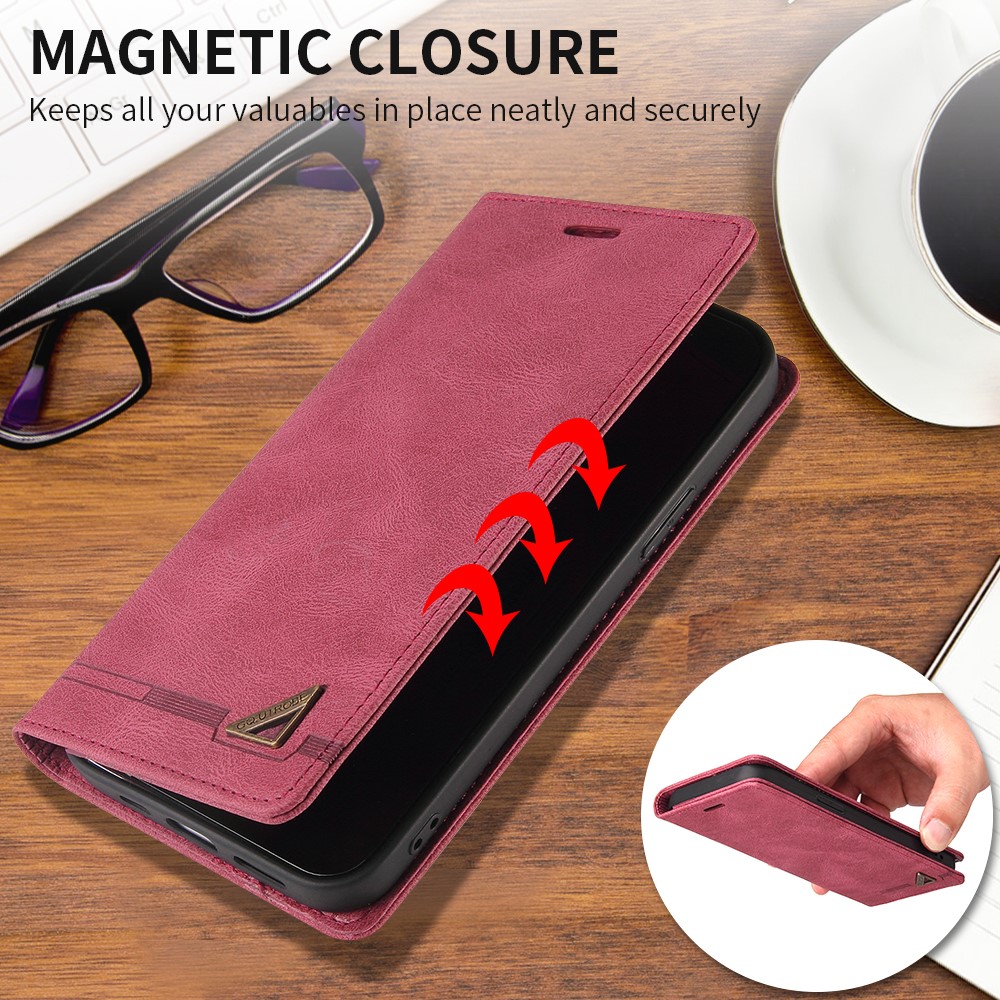 GQ.UTROBE Auto- absorbed Quality Leather Phone Shell Case with Anti-theft Swiping Design for iPhone 12 Pro Max - Red-5