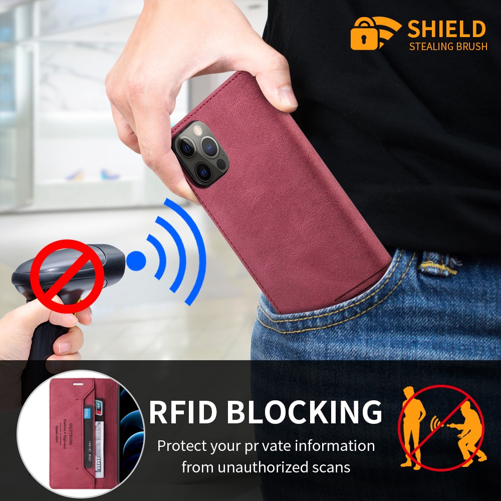 GQ.UTROBE Auto- absorbed Quality Leather Phone Shell Case with Anti-theft Swiping Design for iPhone 12 Pro Max - Red-7