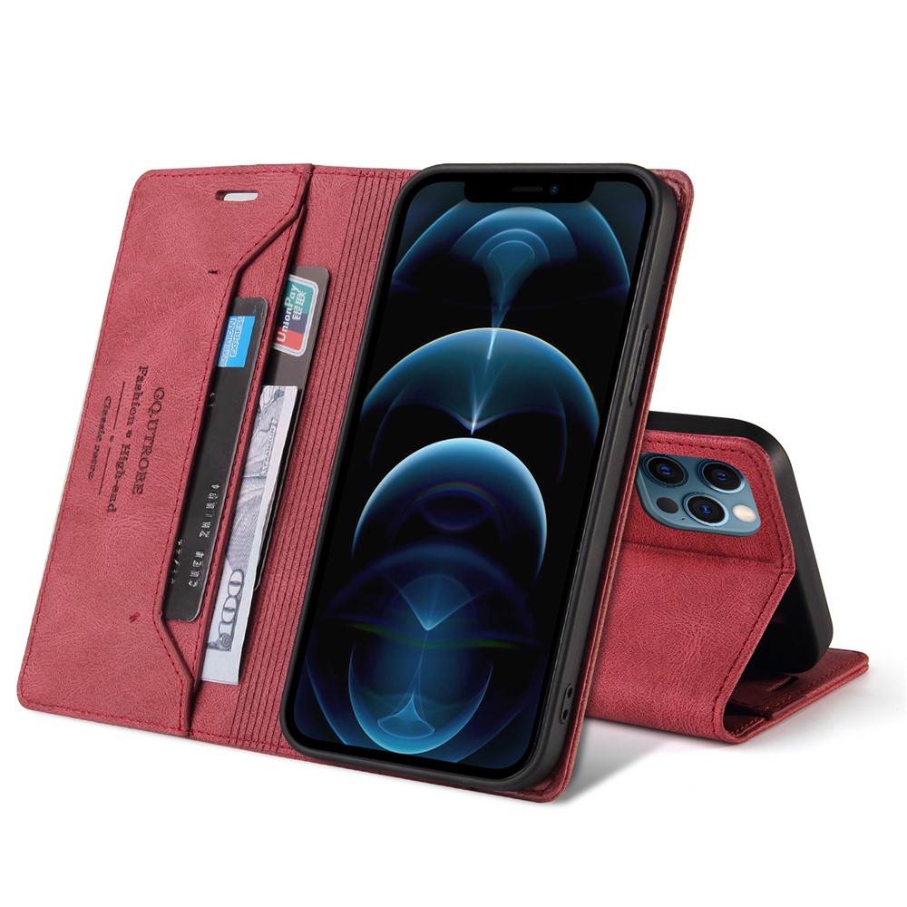 GQ.UTROBE Auto- absorbed Quality Leather Phone Shell Case with Anti-theft Swiping Design for iPhone 12 Pro Max - Red-8