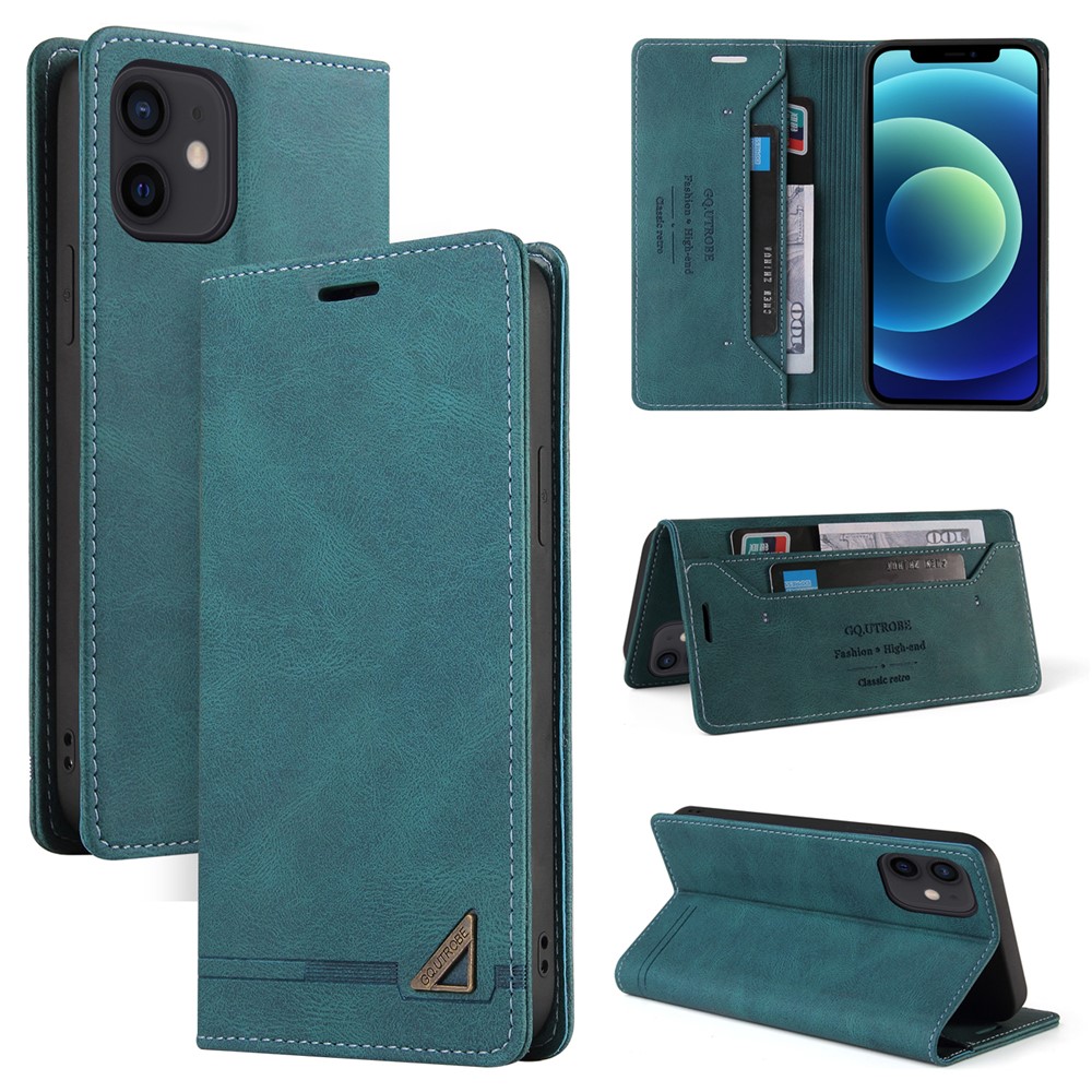 GQ.UTROBE Auto- absorbed Quality Leather Phone Shell Case with Anti-theft Swiping Design for iPhone 12 mini - Green-10