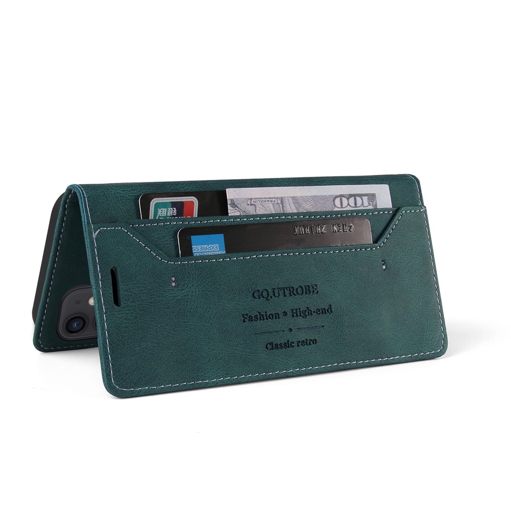 GQ.UTROBE Auto- absorbed Quality Leather Phone Shell Case with Anti-theft Swiping Design for iPhone 12 mini - Green-2