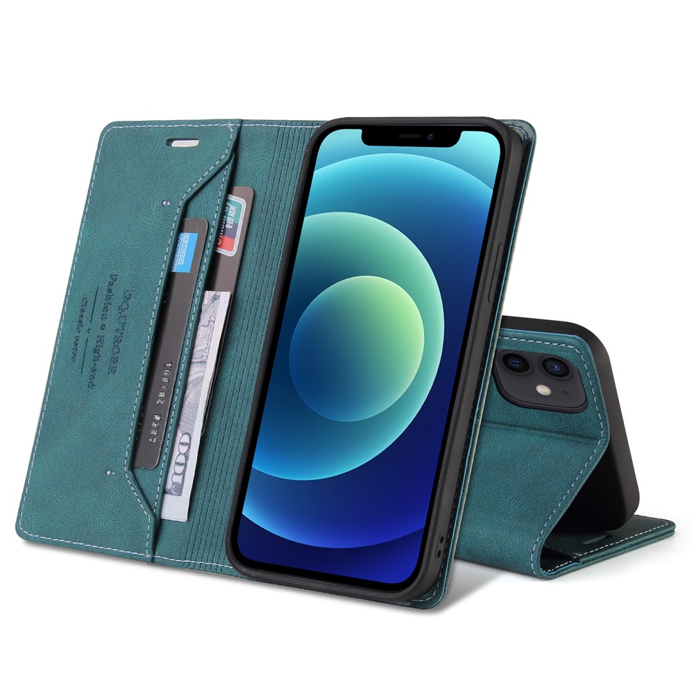 GQ.UTROBE Auto- absorbed Quality Leather Phone Shell Case with Anti-theft Swiping Design for iPhone 12 mini - Green-4
