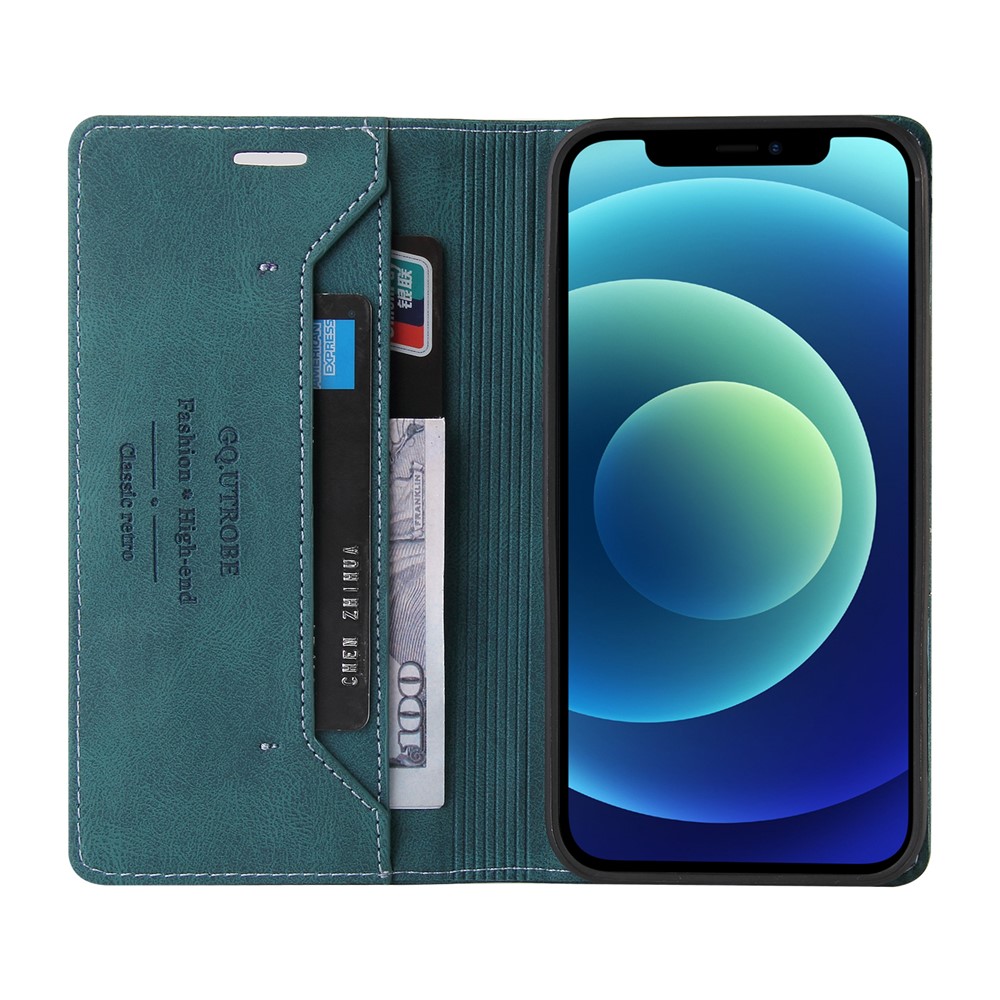 GQ.UTROBE Auto- absorbed Quality Leather Phone Shell Case with Anti-theft Swiping Design for iPhone 12 mini - Green-5