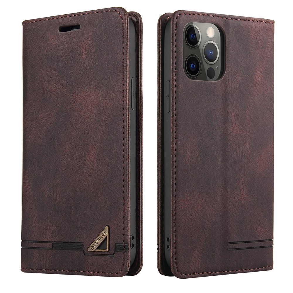 GQ.UTROBE Auto- absorbed Quality Leather Phone Shell Case with Anti-theft Swiping Design for iPhone 12/12 Pro - Brown-1