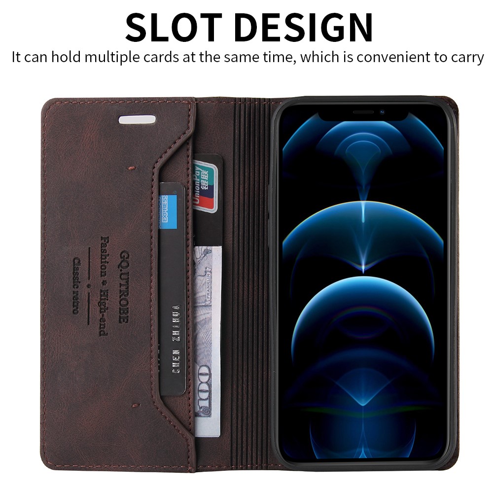 GQ.UTROBE Auto- absorbed Quality Leather Phone Shell Case with Anti-theft Swiping Design for iPhone 12/12 Pro - Brown-2