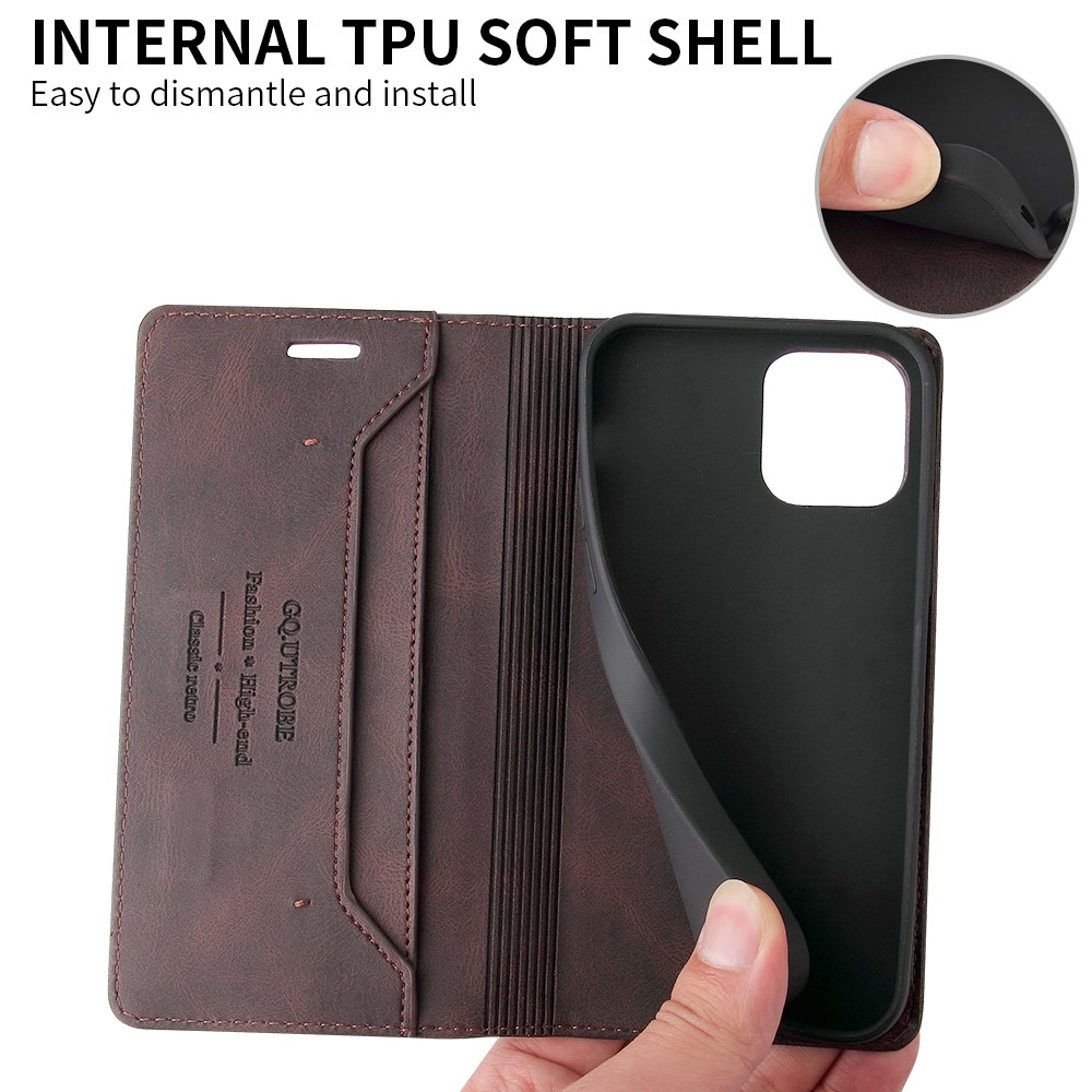 GQ.UTROBE Auto- absorbed Quality Leather Phone Shell Case with Anti-theft Swiping Design for iPhone 12/12 Pro - Brown-3