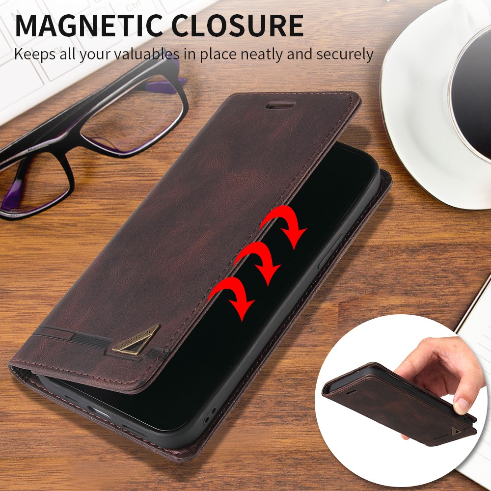GQ.UTROBE Auto- absorbed Quality Leather Phone Shell Case with Anti-theft Swiping Design for iPhone 12/12 Pro - Brown-5