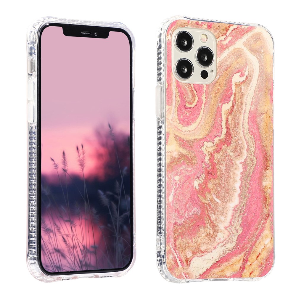 For iPhone 12/12 Pro Glittering Marble Pattern TPU + Acrylic Combo Back Shell - Pink-1