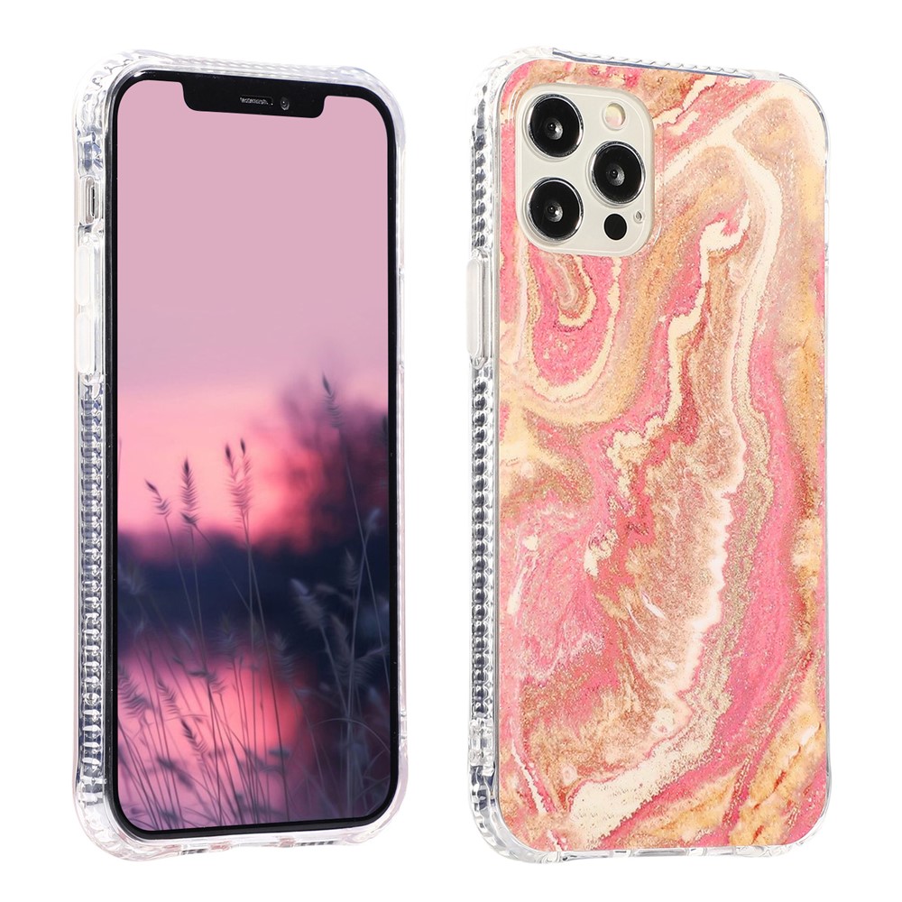 For iPhone 12 Pro Max Glittering Marble Pattern Design TPU + Acrylic Combo Back Shell - Pink-1