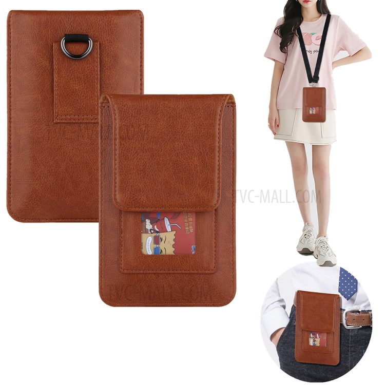 PU Leather Mobile Phone Bag Card Holder Multi-functional Waist Pack Crossbody Shoulder Messenger Bag - Brown-14