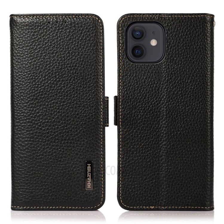 KHAZNEH RFID Blocking Anti-theft Swiping Litchi Skin Genuine Leather Phone Case with Wallet for iPhone 12 mini - Black-1