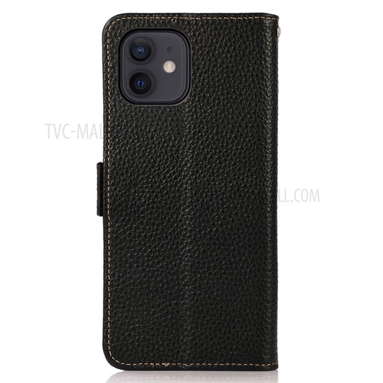 KHAZNEH RFID Blocking Anti-theft Swiping Litchi Skin Genuine Leather Phone Case with Wallet for iPhone 12 mini - Black-3