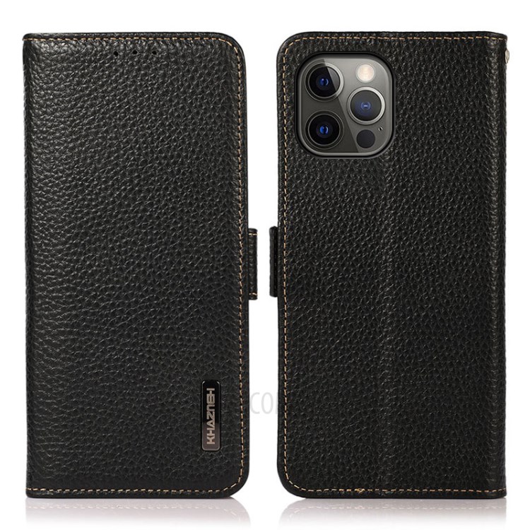KHAZNEH Anti-theft Swiping RFID Blocking Litchi Skin Genuine Leather Phone Case with Wallet Design for iPhone 12/12 Pro - Black-1