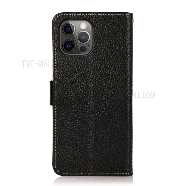KHAZNEH Anti-theft Swiping RFID Blocking Litchi Skin Genuine Leather Phone Case with Wallet Design for iPhone 12/12 Pro - Black-3