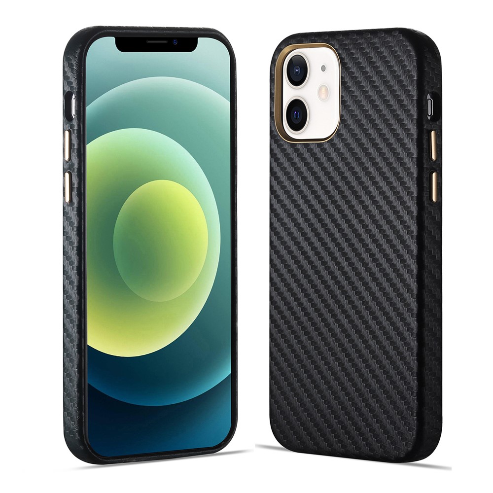 Well-Protected Carbon Fiber PU Leather Coated Hard PC Protective Cover for iPhone 12 mini - Black-1