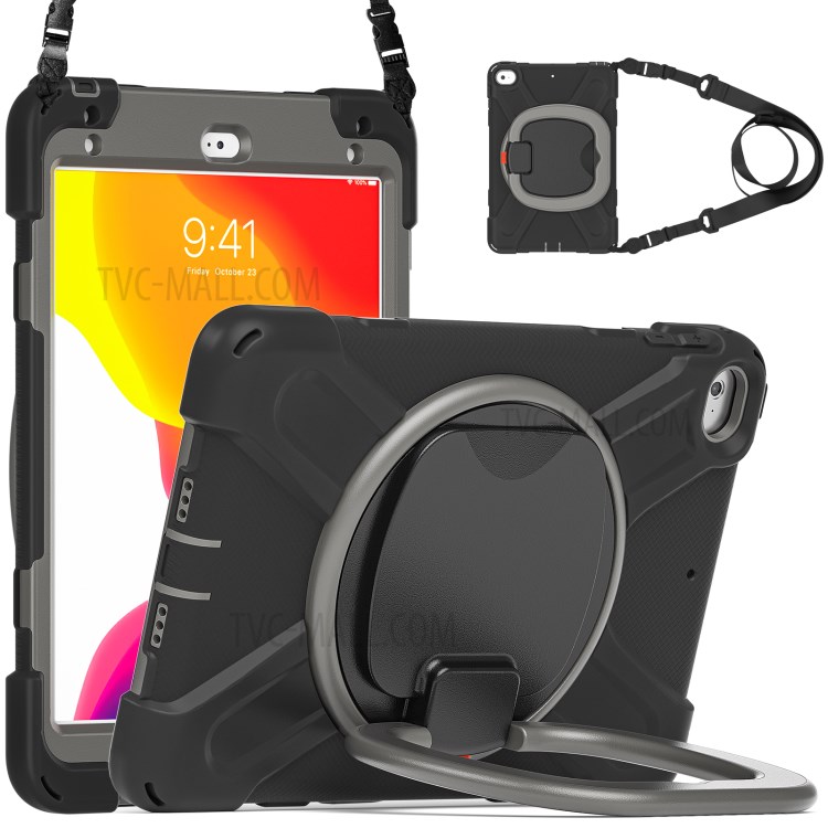 PC + Silicone Combo Tablet Cover with 360 Degree Swivel Kickstand + Shoulder Strap (B Style) for iPad mini 4/(2019) 7.9 inch - Black/Grey-1