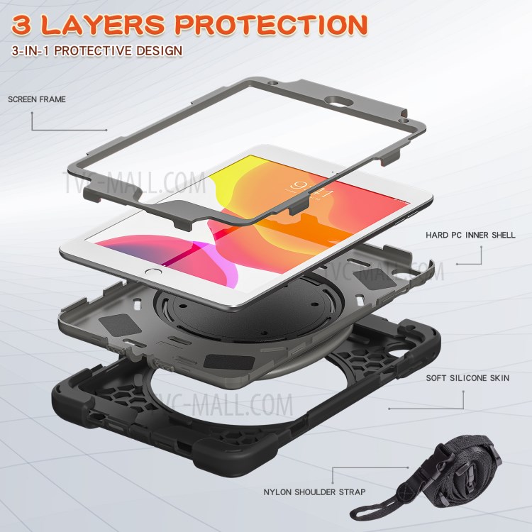 PC + Silicone Combo Tablet Cover with 360 Degree Swivel Kickstand + Shoulder Strap (B Style) for iPad mini 4/(2019) 7.9 inch - Black/Grey-3