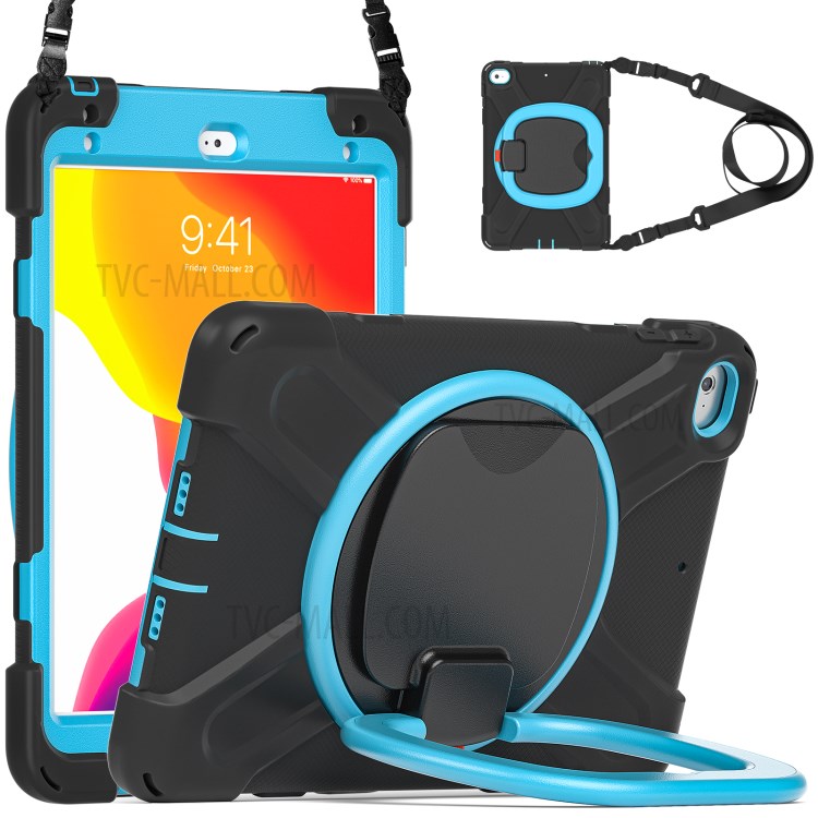 PC + Silicone Combo Tablet Cover with 360 Degree Swivel Kickstand + Shoulder Strap (B Style) for iPad mini 4/(2019) 7.9 inch - Black/Sky Blue-1