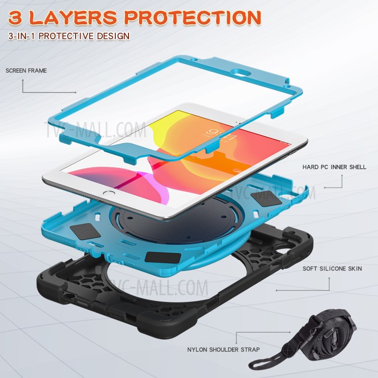 PC + Silicone Combo Tablet Cover with 360 Degree Swivel Kickstand + Shoulder Strap (B Style) for iPad mini 4/(2019) 7.9 inch - Black/Sky Blue-3