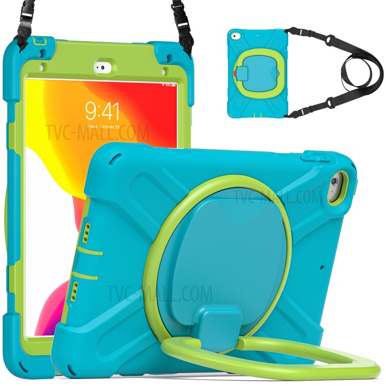 PC + Silicone Combo Tablet Cover with 360 Degree Swivel Kickstand + Shoulder Strap (B Style) for iPad mini 4/(2019) 7.9 inch - Sky Blue/Green-1