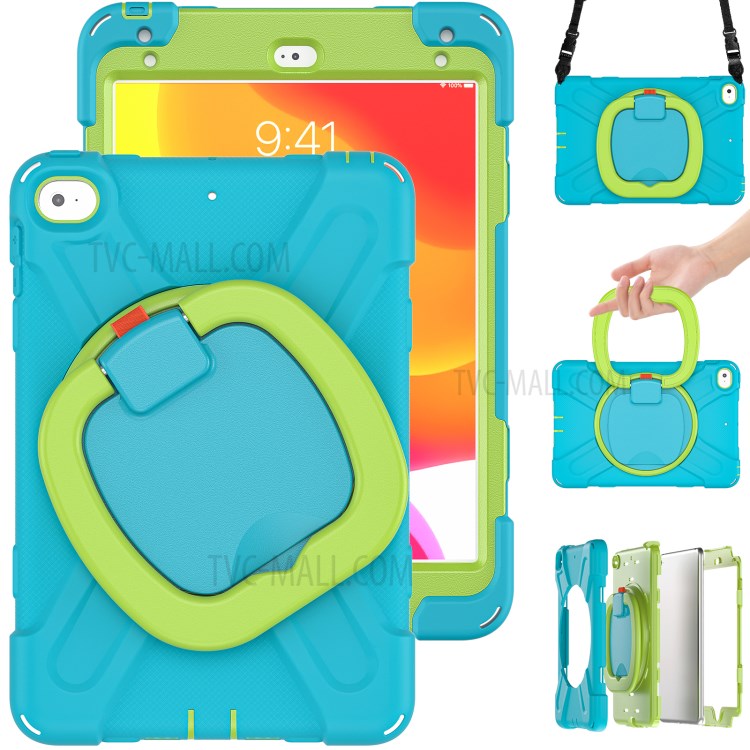 PC + Silicone Combo Tablet Cover with 360 Degree Swivel Kickstand + Shoulder Strap (B Style) for iPad mini 4/(2019) 7.9 inch - Sky Blue/Green-2