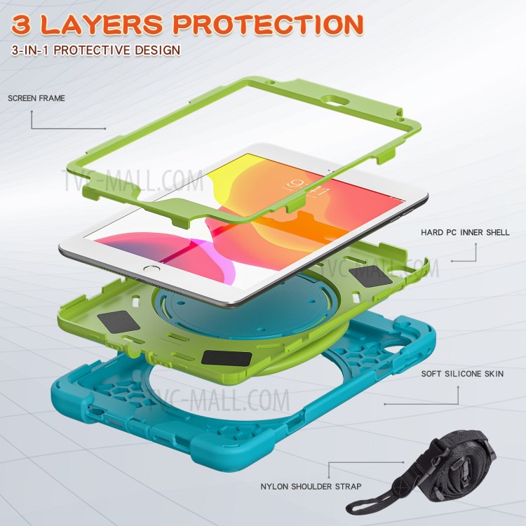PC + Silicone Combo Tablet Cover with 360 Degree Swivel Kickstand + Shoulder Strap (B Style) for iPad mini 4/(2019) 7.9 inch - Sky Blue/Green-3