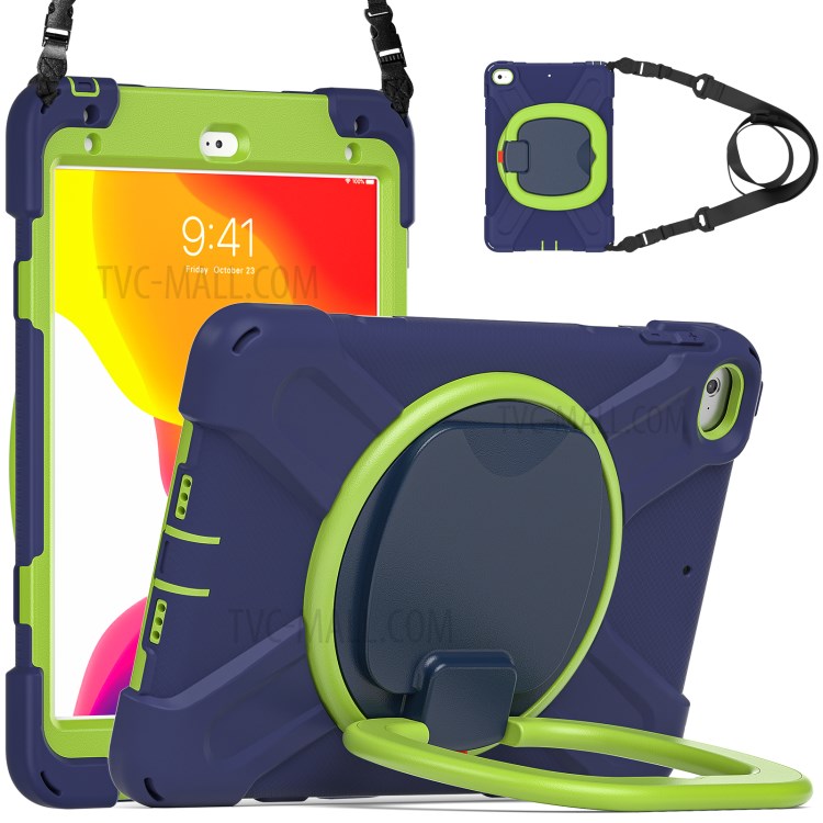 PC + Silicone Combo Tablet Cover with 360 Degree Swivel Kickstand + Shoulder Strap (B Style) for iPad mini 4/(2019) 7.9 inch - Dark Blue/Green-1