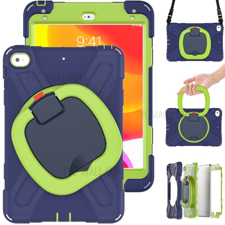 PC + Silicone Combo Tablet Cover with 360 Degree Swivel Kickstand + Shoulder Strap (B Style) for iPad mini 4/(2019) 7.9 inch - Dark Blue/Green-2