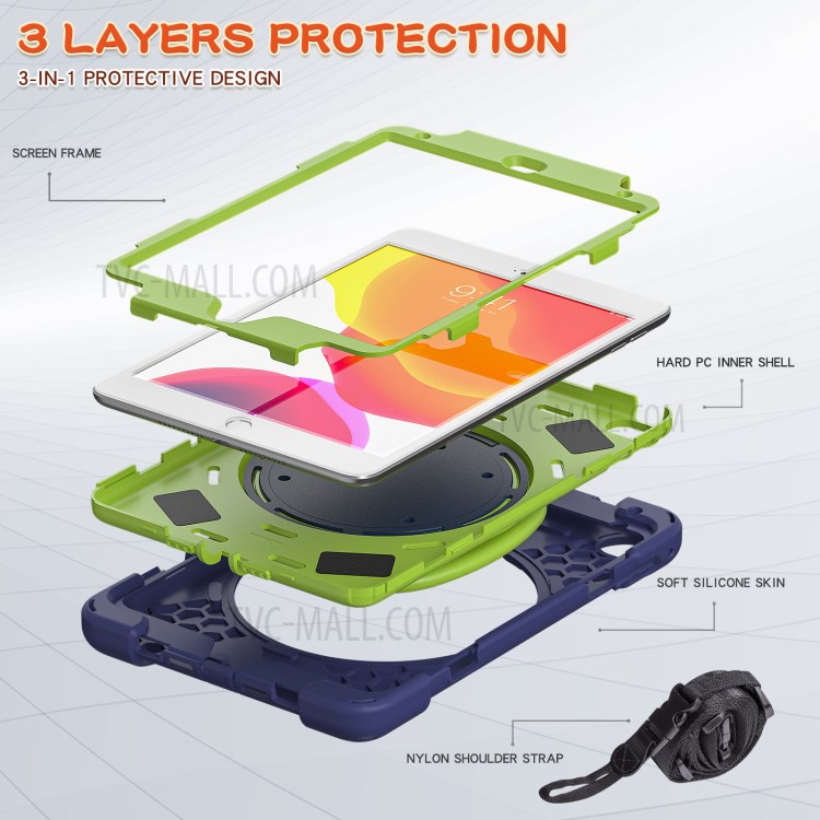 PC + Silicone Combo Tablet Cover with 360 Degree Swivel Kickstand + Shoulder Strap (B Style) for iPad mini 4/(2019) 7.9 inch - Dark Blue/Green-3