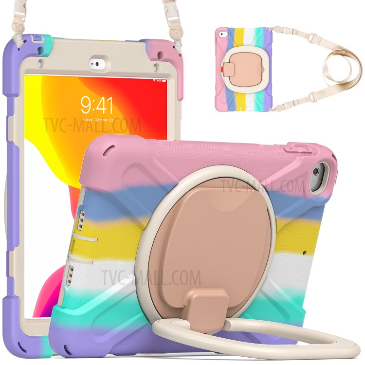 PC + Silicone Combo Tablet Cover with 360 Degree Swivel Kickstand + Shoulder Strap (B Style) for iPad mini 4/(2019) 7.9 inch - Colorful/Pink-1