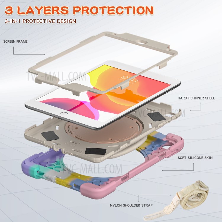 PC + Silicone Combo Tablet Cover with 360 Degree Swivel Kickstand + Shoulder Strap (B Style) for iPad mini 4/(2019) 7.9 inch - Colorful/Pink-3