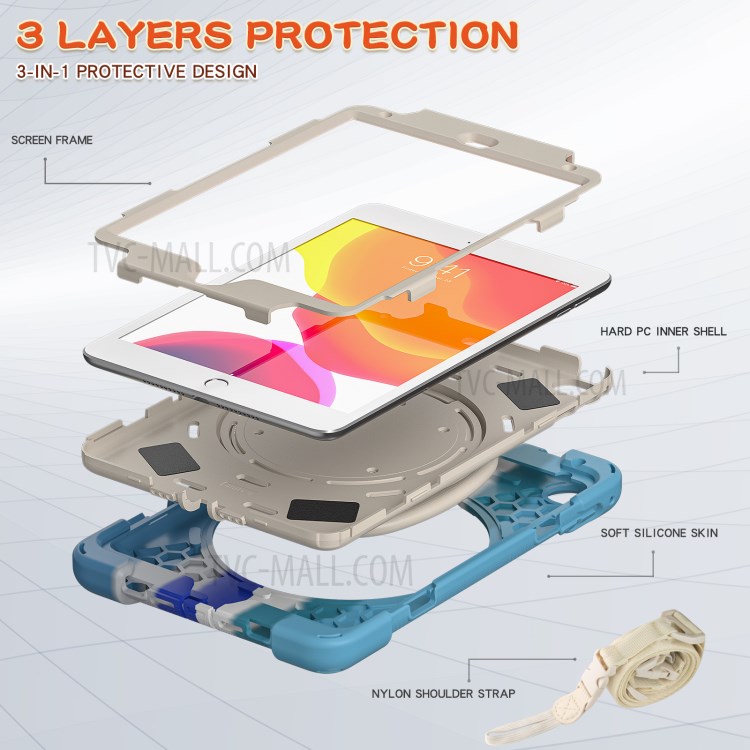 PC + Silicone Combo Tablet Cover with 360 Degree Swivel Kickstand + Shoulder Strap (B Style) for iPad mini 4/(2019) 7.9 inch - Colorful/Blue-3