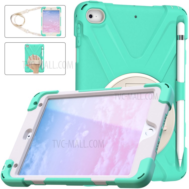 Swivel Kickstand Design Hybrid Tablet Case Cover with Hand Band+Shoulder Strap for iPad mini 4/mini (2019) 7.9 inch - Mint Green-4