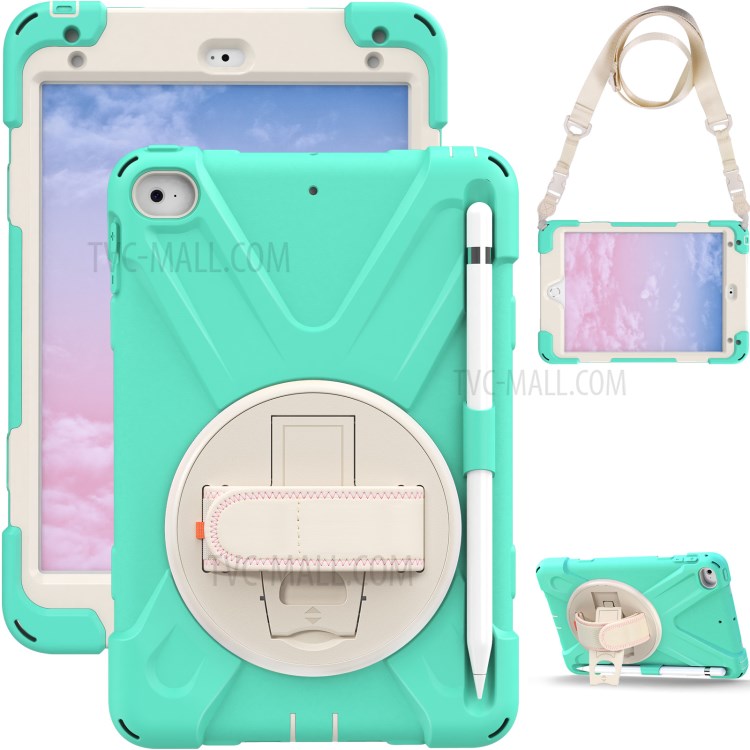 Swivel Kickstand Design Hybrid Tablet Case Cover with Hand Band+Shoulder Strap for iPad mini 4/mini (2019) 7.9 inch - Mint Green-8