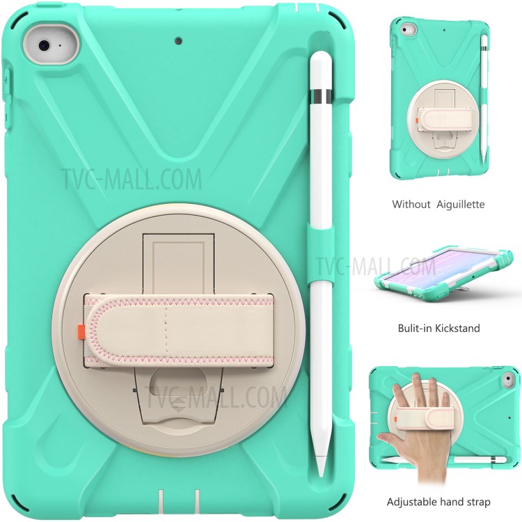 Hand Band Strap Plastic+Silicone Tablet Cover with Swivel Kickstand Pen Holder for iPad mini 4/mini (2019) 7.9 inch - Mint Green-11