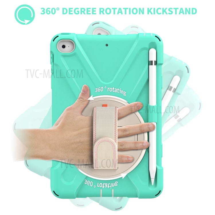 Hand Band Strap Plastic+Silicone Tablet Cover with Swivel Kickstand Pen Holder for iPad mini 4/mini (2019) 7.9 inch - Mint Green-3