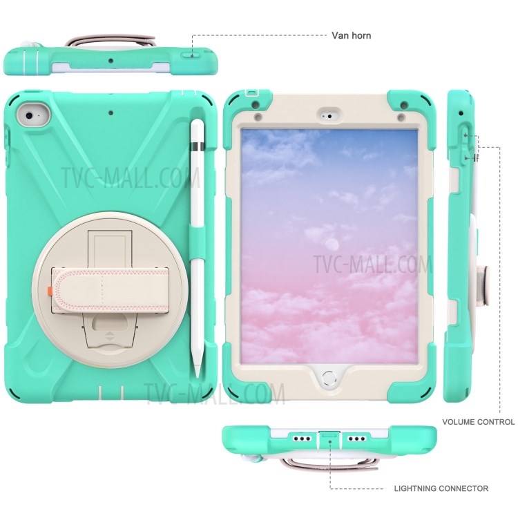Hand Band Strap Plastic+Silicone Tablet Cover with Swivel Kickstand Pen Holder for iPad mini 4/mini (2019) 7.9 inch - Mint Green-7