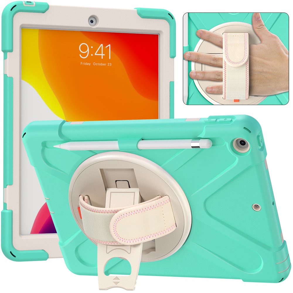 360 Rotary Kickstand Hand Strap Design Tablet Case Shell with Pen Slot for iPad 10.2 2020/2019 - Mint Green-1
