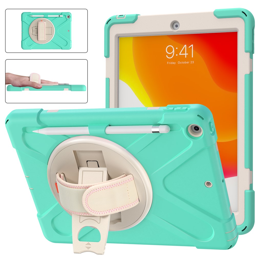 360 Rotary Kickstand Hand Strap Design Tablet Case Shell with Pen Slot for iPad 10.2 2020/2019 - Mint Green-12