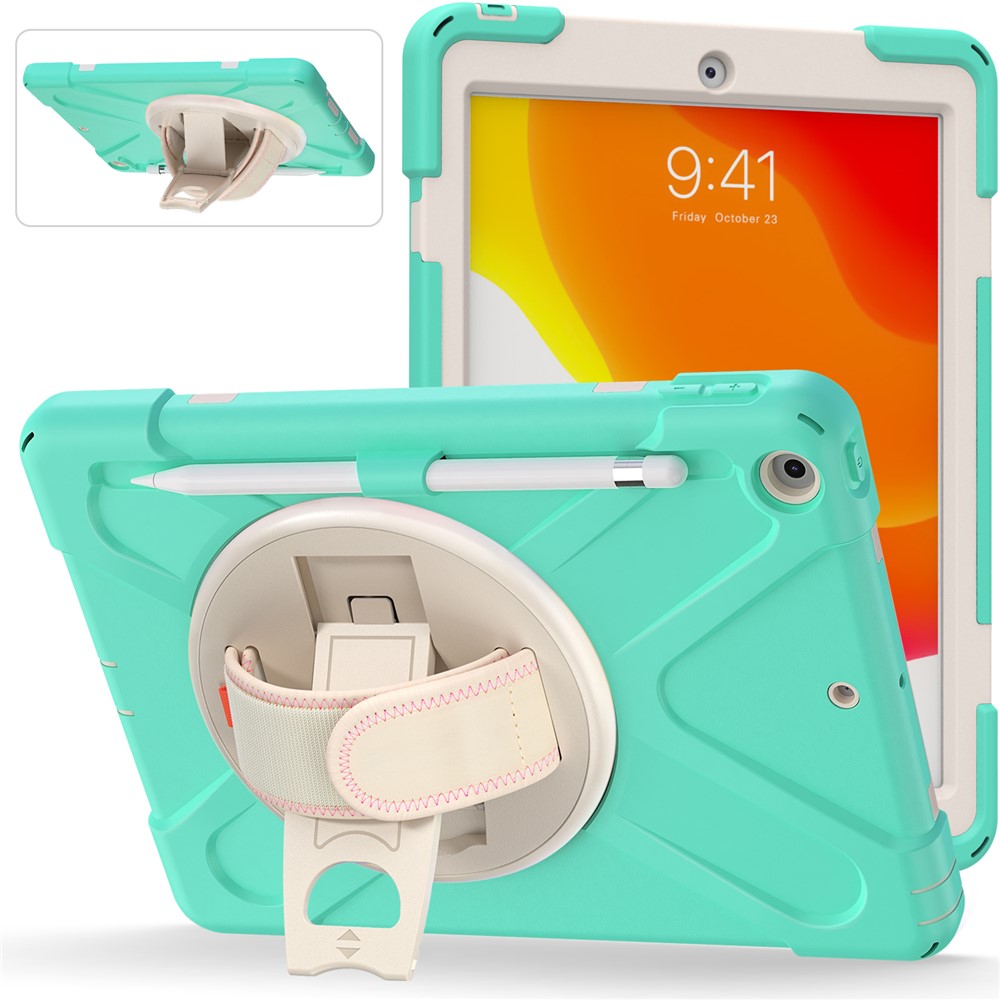 360 Rotary Kickstand Hand Strap Design Tablet Case Shell with Pen Slot for iPad 10.2 2020/2019 - Mint Green-16