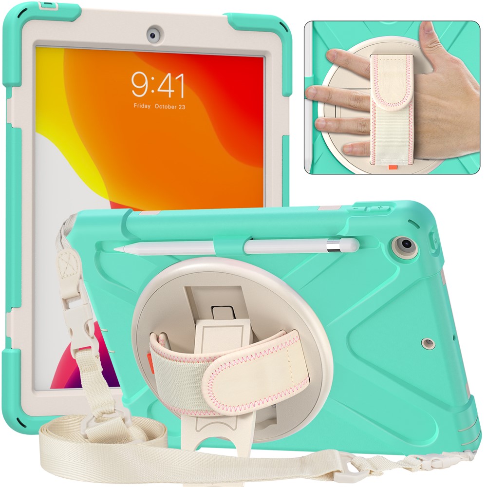 Shockproof Hybrid Tablet Case Cover + Strap + Rotary Kickstand Design with Pen Slot for iPad 10.2 2020/2019 - Mint Green-1